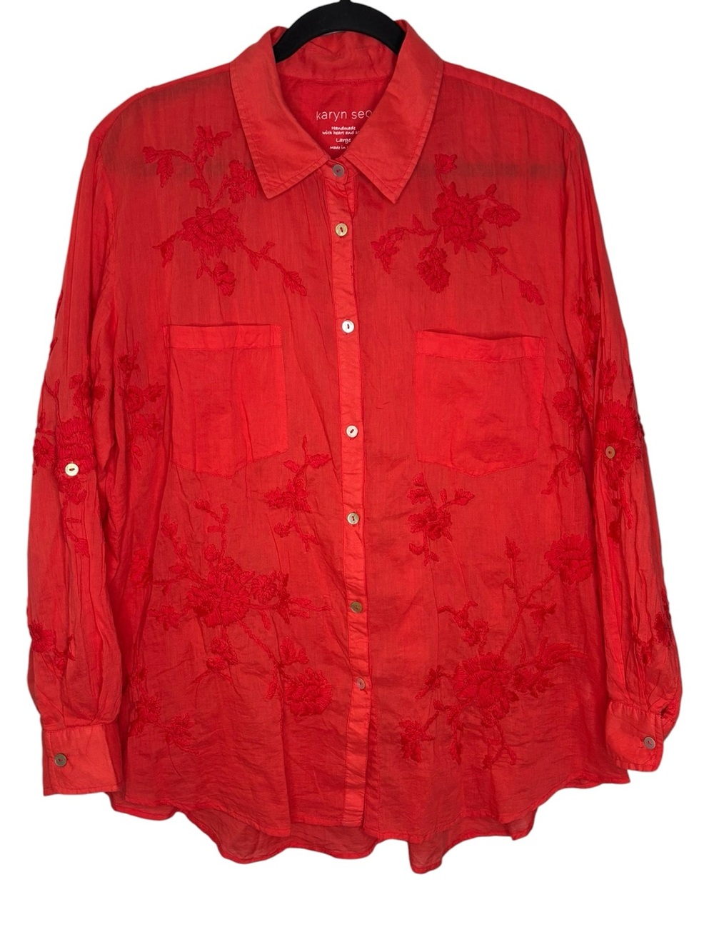Karyn Seo Cotton Embroidered Long Sleeve Light Weight Button Up Blouse Large